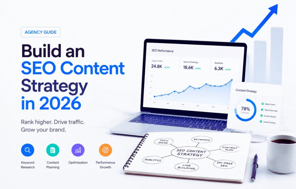 SEO content strategy 2026 agency guide with SEO analytics dashboard and growth chart