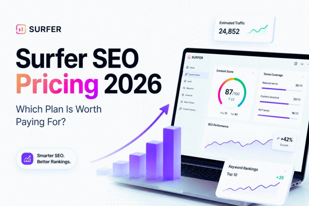 Surfer SEO pricing 2026 graphic showing content score, keyword rankings, and estimated traffic growth on a laptop dashboard.